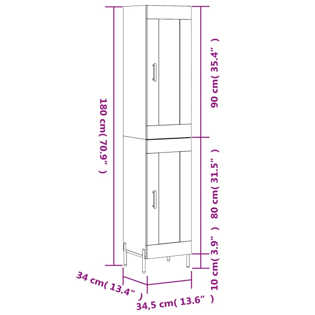 vidaXL Highboard Räuchereiche 34,5x34x180 cm Holzwerkstoff