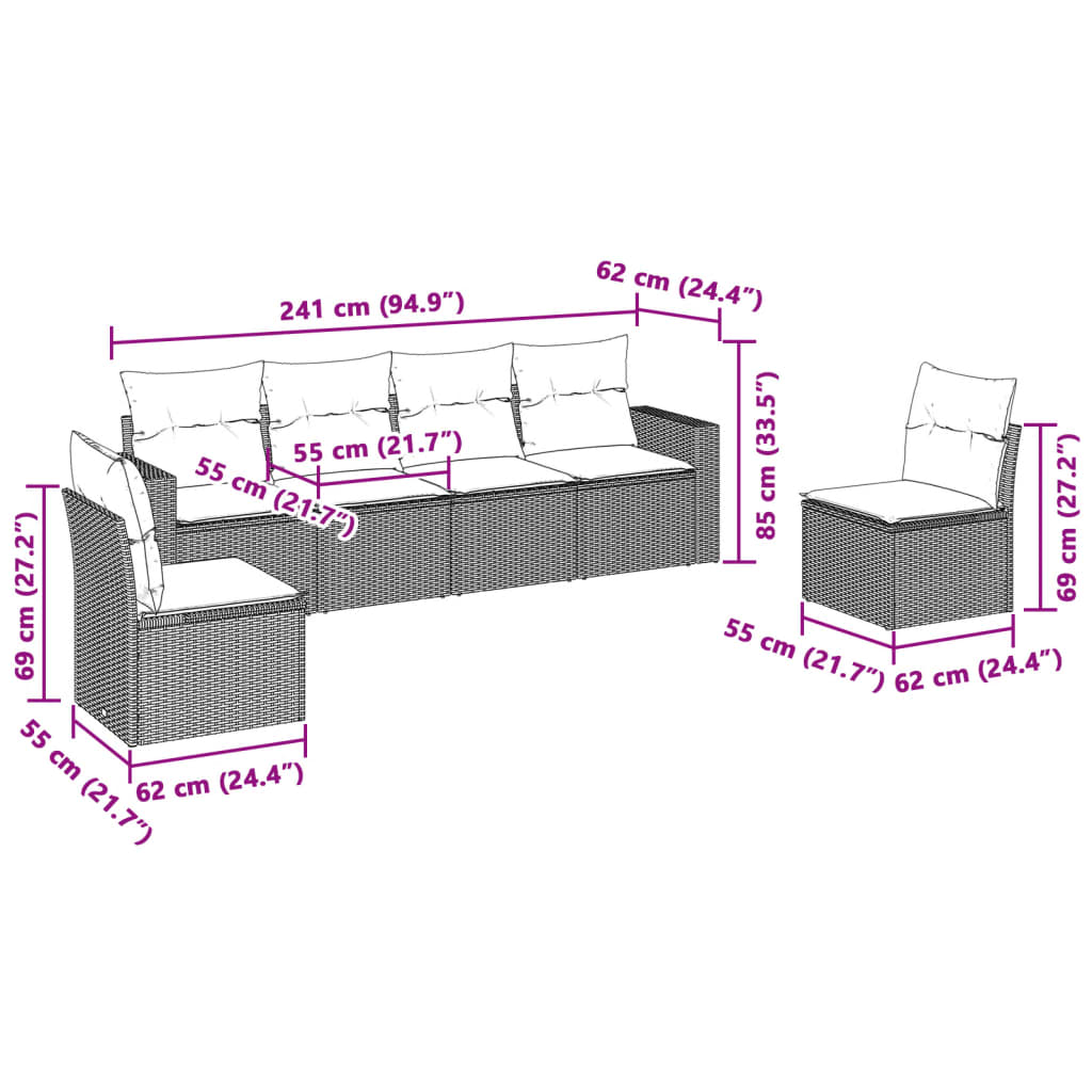 vidaXL 6-tlg. Garten-Sofagarnitur mit Kissen Hellgrau Poly Rattan