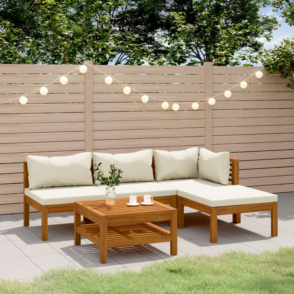 vidaXL 5-tlg. Garten-Lounge-Set mit Creme Kissen Massivholz Akazie