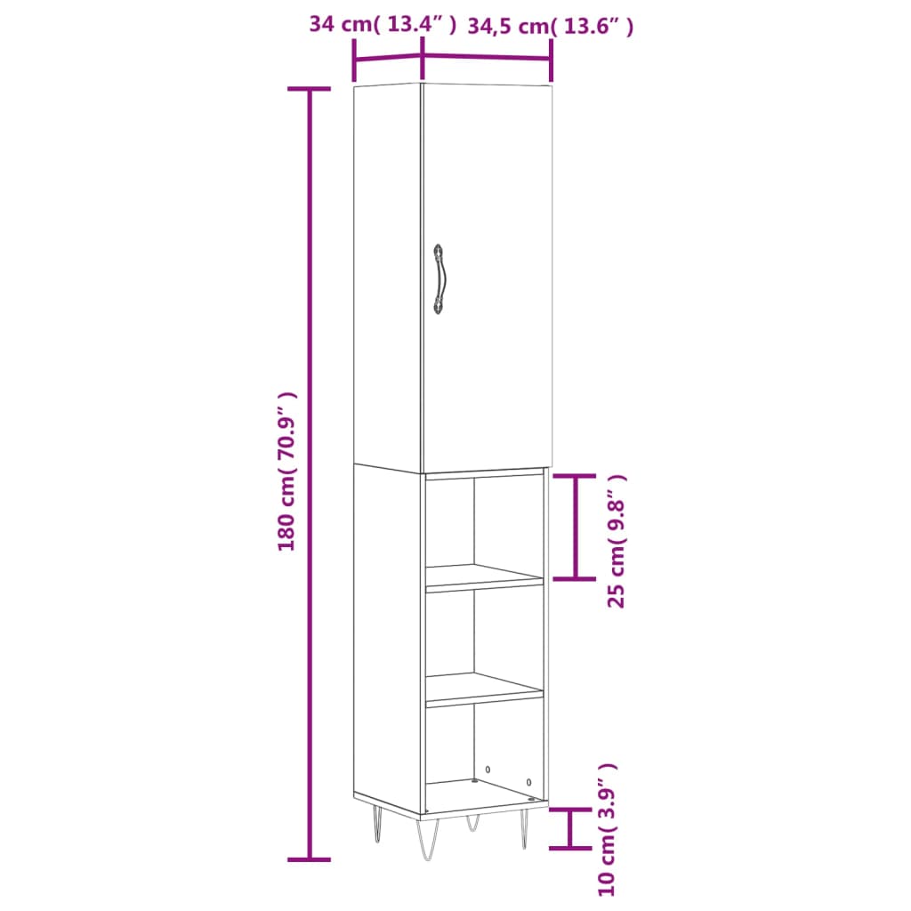 vidaXL Highboard Hochglanz-Weiß 34,5x34x180 cm Holzwerkstoff