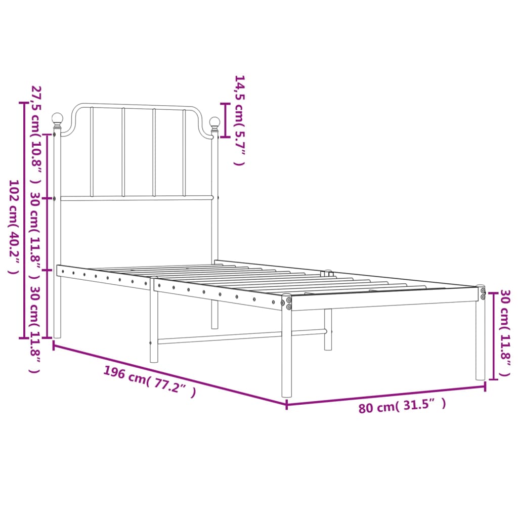 vidaXL Metallbett ohne Matratze mit Kopfteil Weiß 75x190 cm