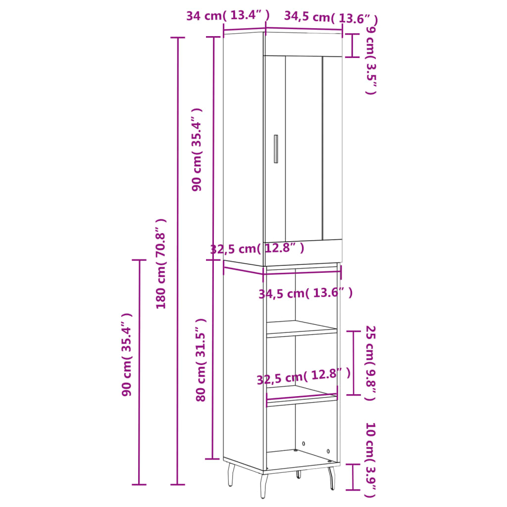 vidaXL Highboard Betongrau 34,5x34x180 cm Holzwerkstoff