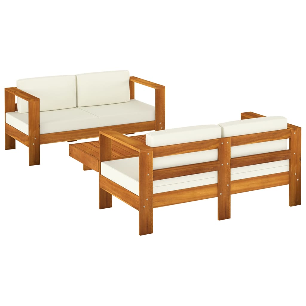 vidaXL 3-tlg. Garten-Lounge-Set mit Cremeweißen Kissen Massivholz