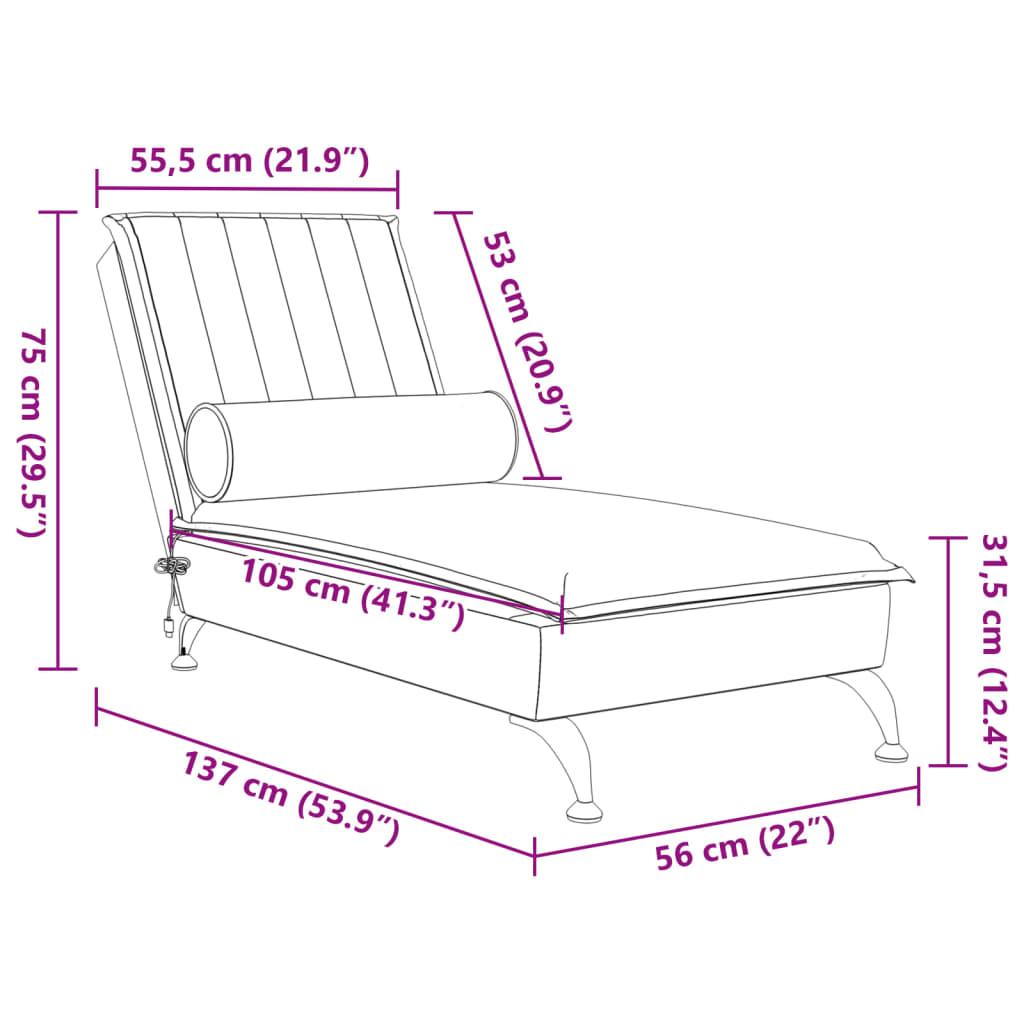 vidaXL Massage-Chaiselongue mit Nackenrolle Weinrot Samt