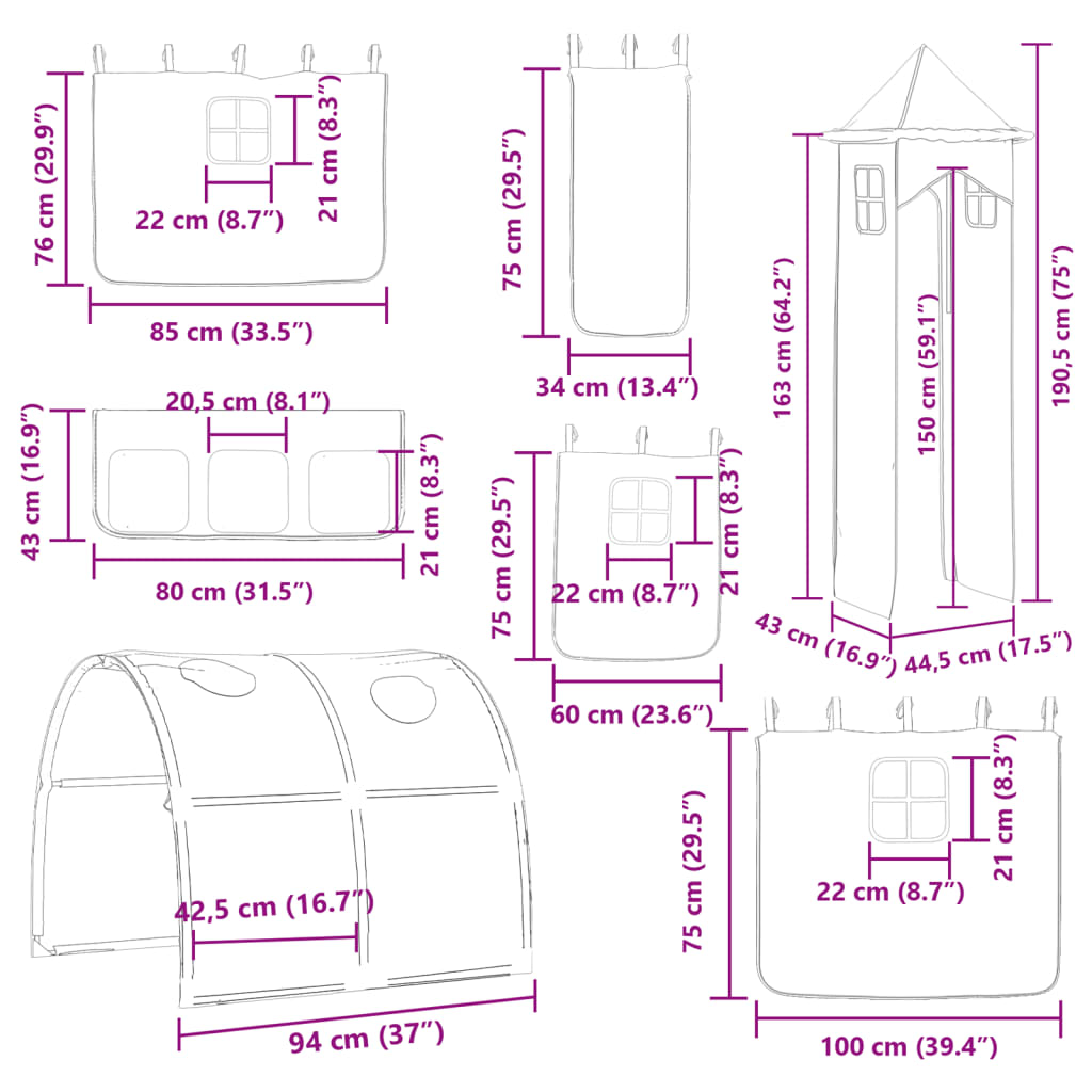 vidaXL Etagenbett mit Rutsche und Gardinen Weiß und Schwarz 80x200 cm