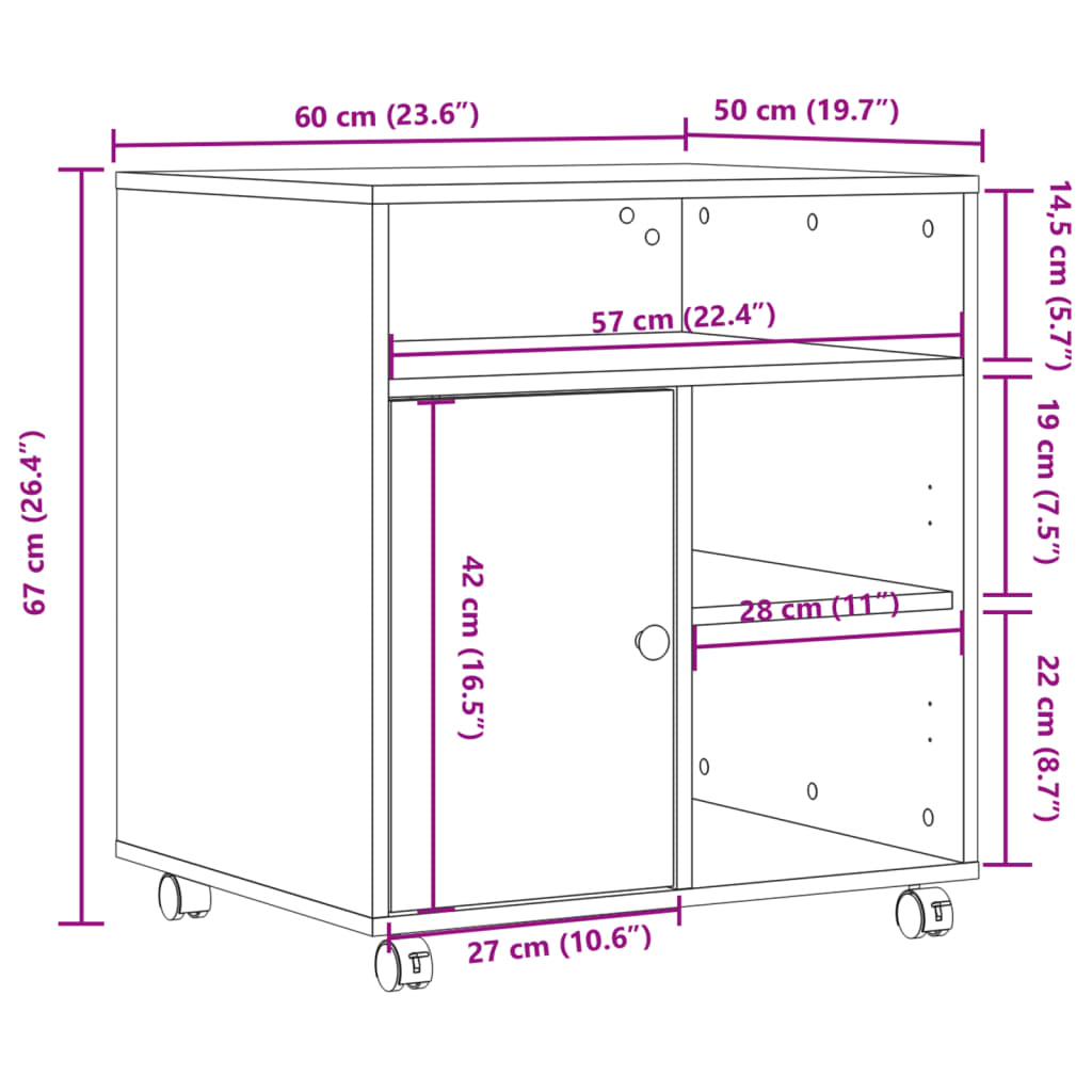 vidaXL Druckerständer mit Rollen Betongrau 60x50x67 cm