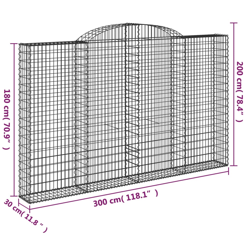 vidaXL Gabione mit Hochbogen 300x30x180/200 cm Verzinktes Eisen