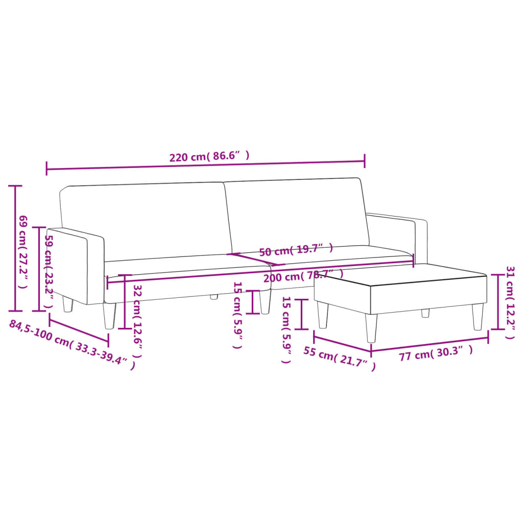 vidaXL Schlafsofa 2-Sitzer mit Fußhocker Schwarz Stoff