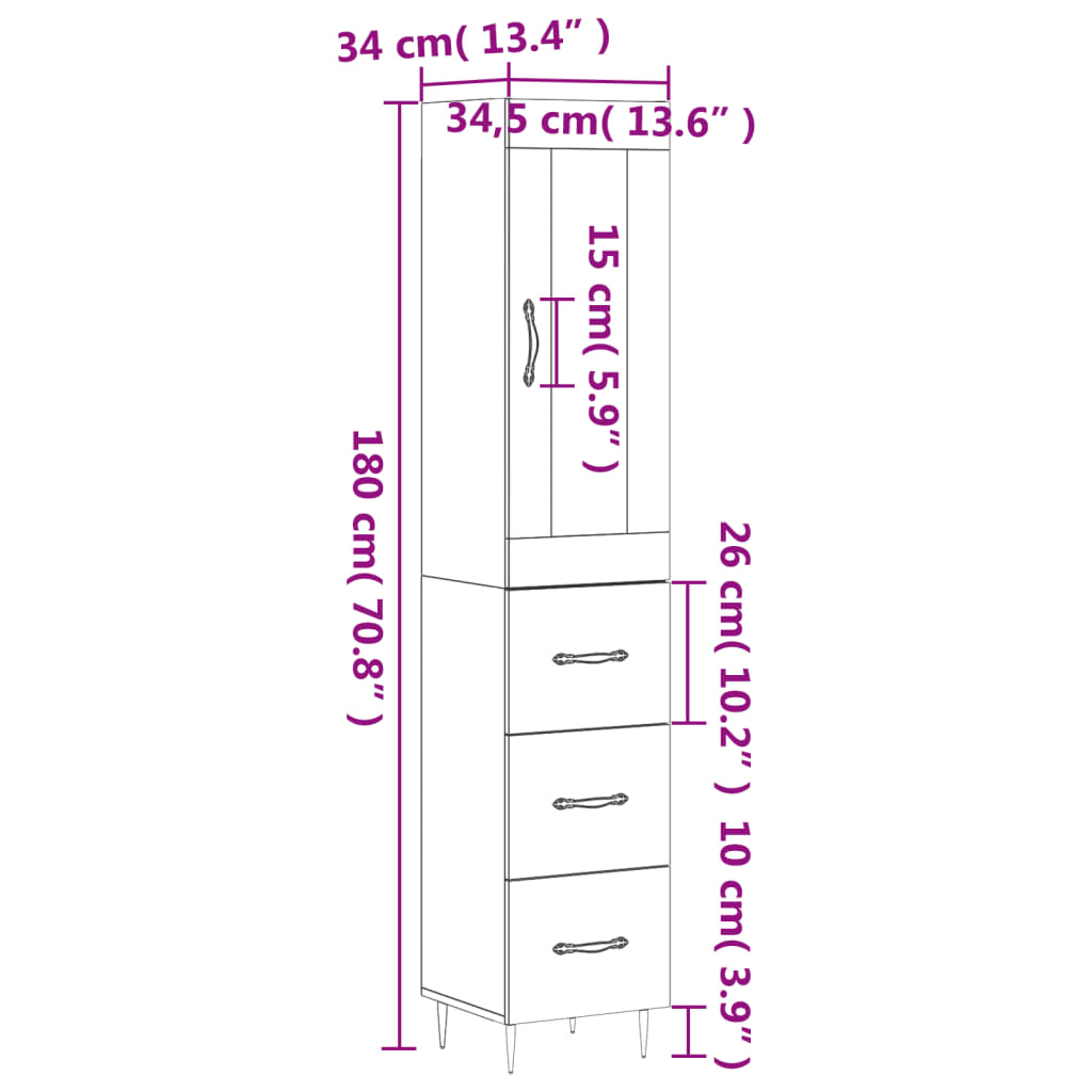 vidaXL Highboard Räuchereiche 34,5x34x180 cm Holzwerkstoff