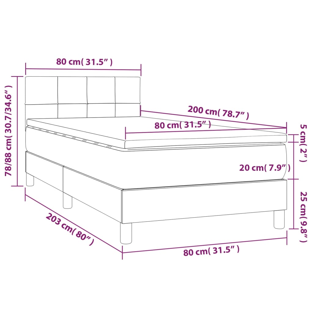 vidaXL Boxspringbett mit Matratze & LED Hellgrau 80x200 cm Stoff