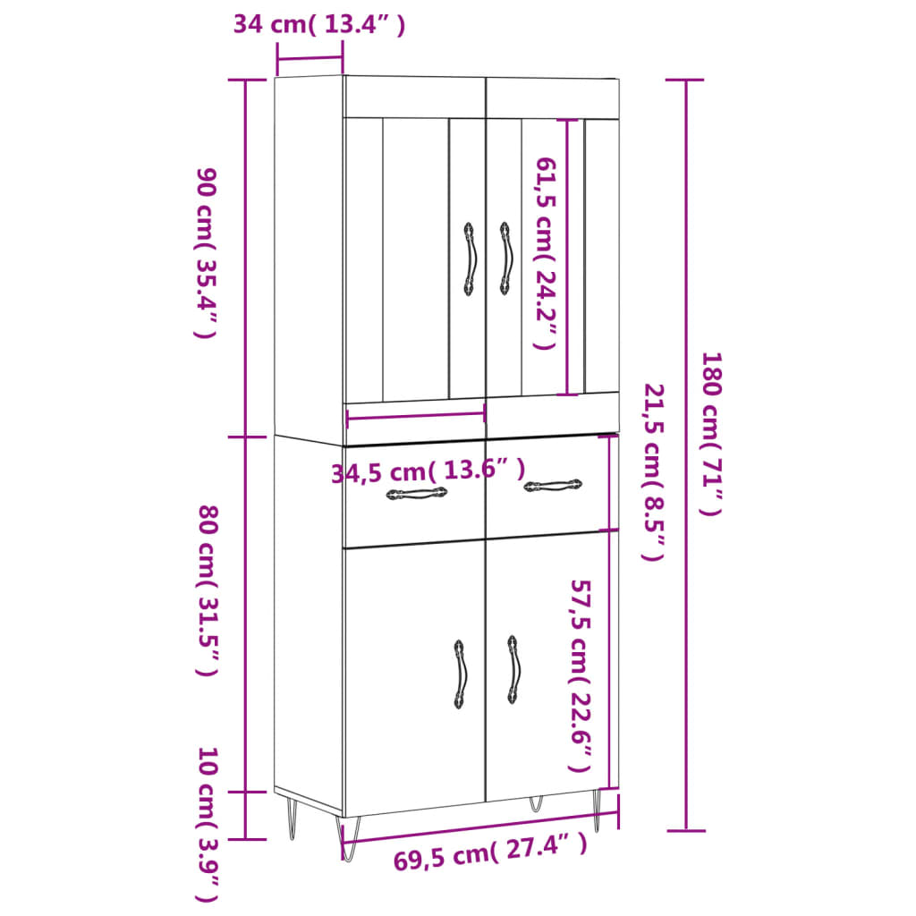 vidaXL Highboard Weiß 69,5x34x180 cm Holzwerkstoff