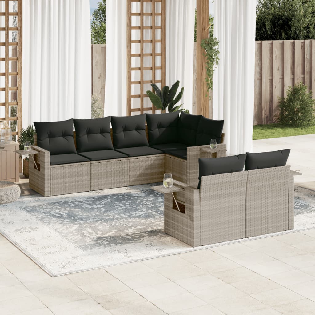 vidaXL 7-tlg. Garten-Sofagarnitur mit Kissen Hellgrau Poly Rattan