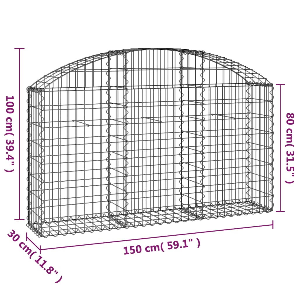 vidaXL Gabione mit Hochbogen 150x30x80/100 cm Verzinktes Eisen