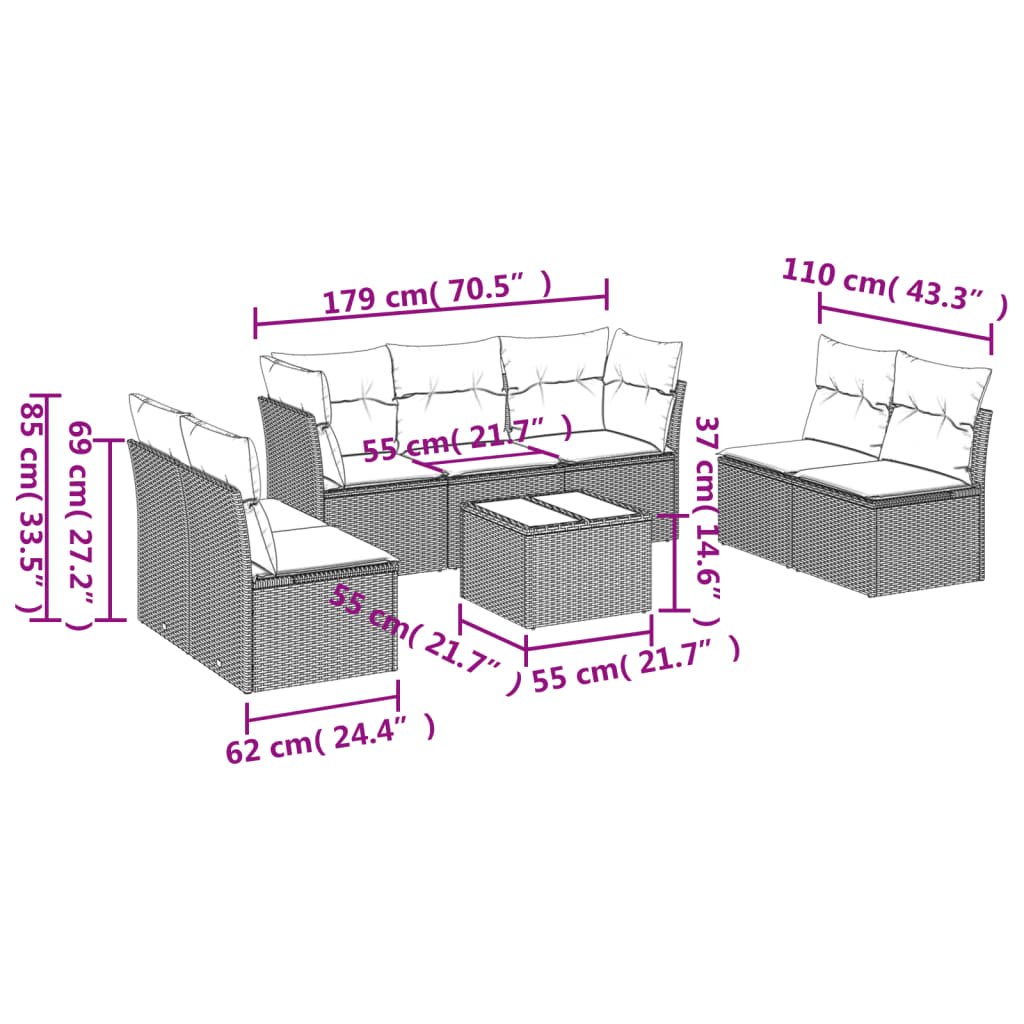 vidaXL 8-tlg. Garten-Sofagarnitur mit Kissen Grau Poly Rattan