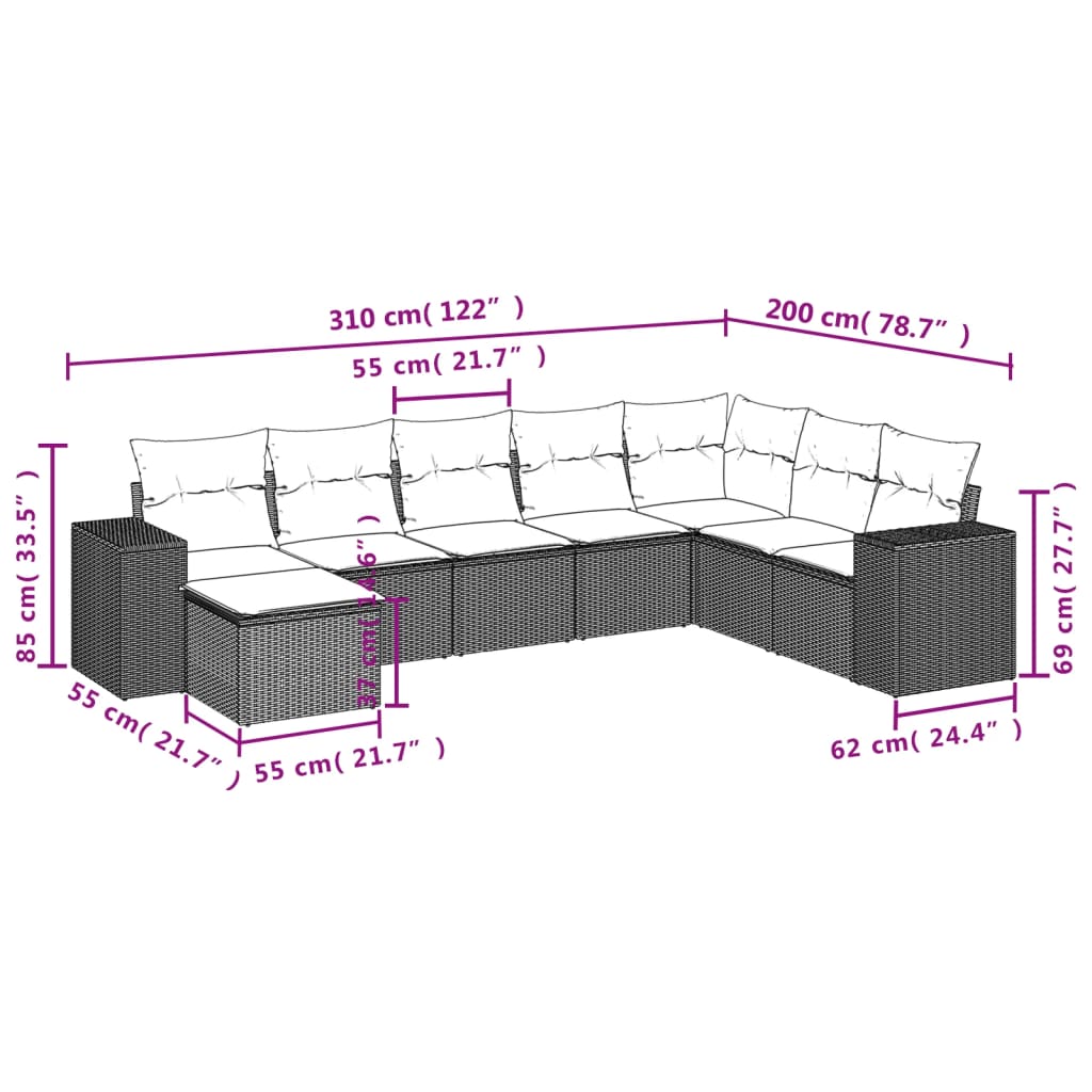 vidaXL 8-tlg. Garten-Sofagarnitur mit Kissen Schwarz Poly Rattan