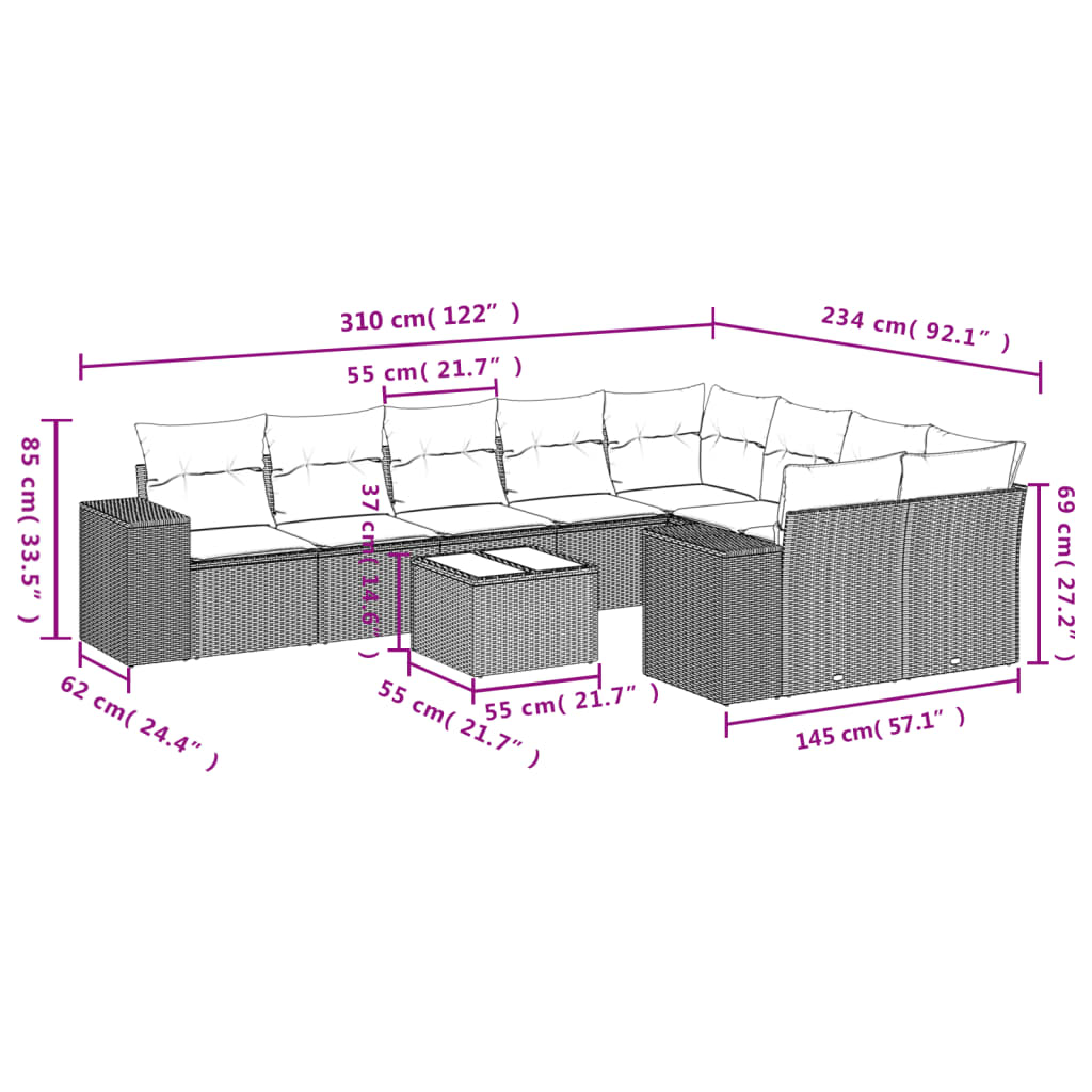 vidaXL 10-tlg. Garten-Sofagarnitur mit Kissen Beige Poly Rattan