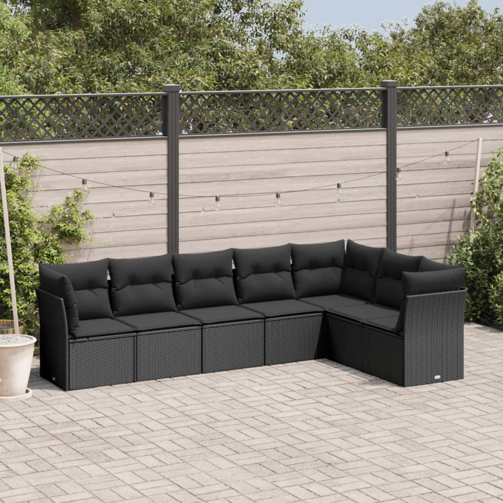 vidaXL 7-tlg. Garten-Sofagarnitur mit Kissen Schwarz Poly Rattan