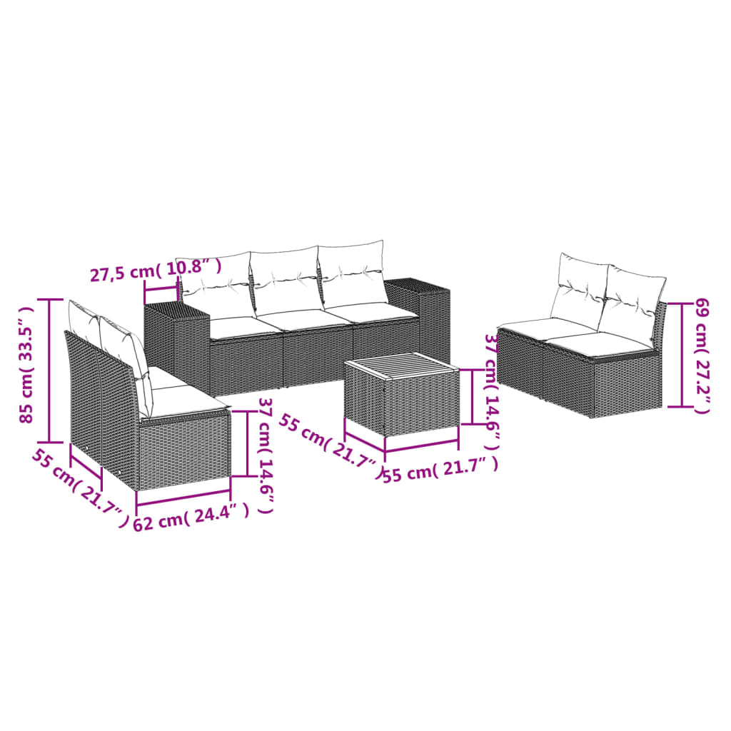 vidaXL 8-tlg. Garten-Sofagarnitur mit Kissen Beige Poly Rattan