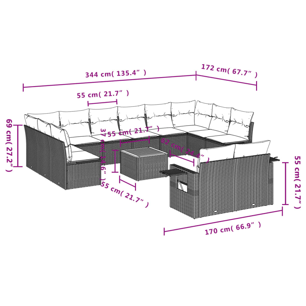 vidaXL 13-tlg. Garten-Sofagarnitur mit Kissen Schwarz Poly Rattan