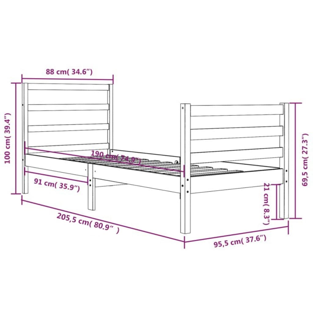 vidaXL Massivholzbett Schwarz Kiefer 90x200 cm