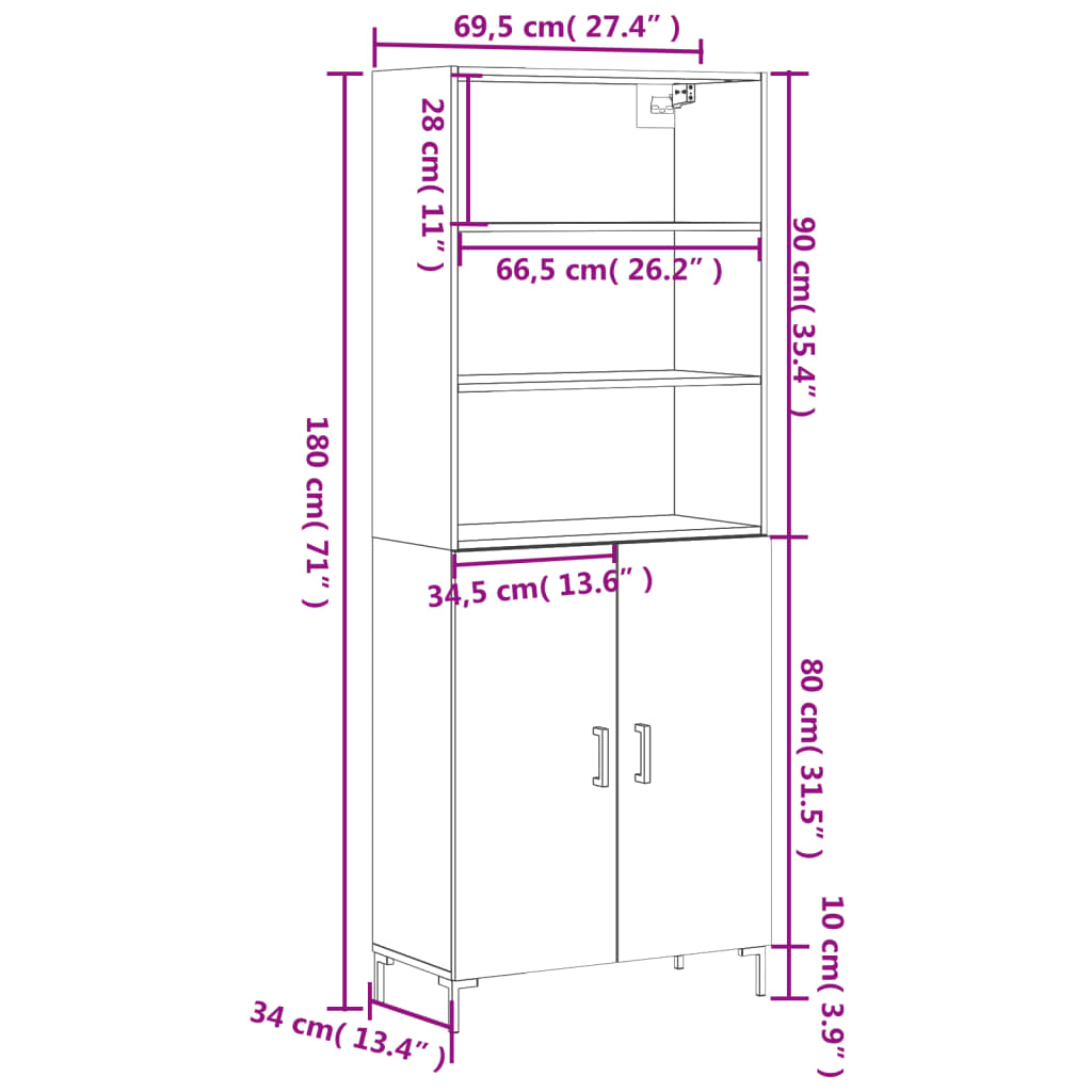 vidaXL Highboard Sonoma-Eiche 69,5x34x180 cm Holzwerkstoff