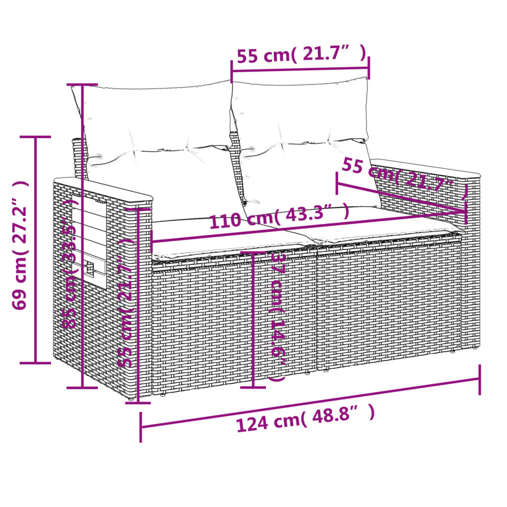 vidaXL Gartensofa mit Kissen 2-Sitzer Beige Poly Rattan