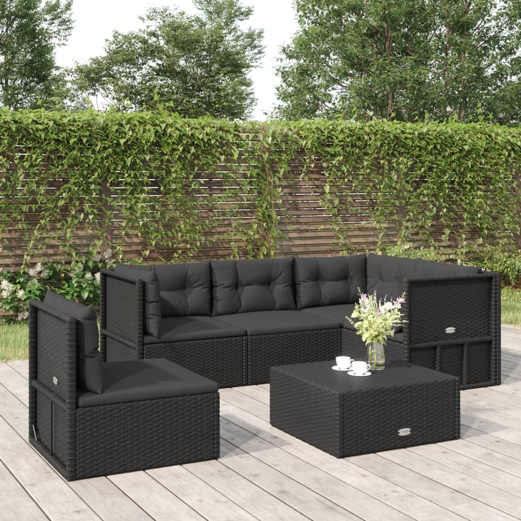 vidaXL 5-tlg. Garten-Lounge-Set mit Kissen Schwarz Poly Rattan