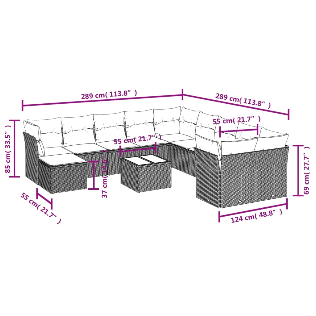 vidaXL 12-tlg. Garten-Sofagarnitur mit Kissen Grau Poly Rattan