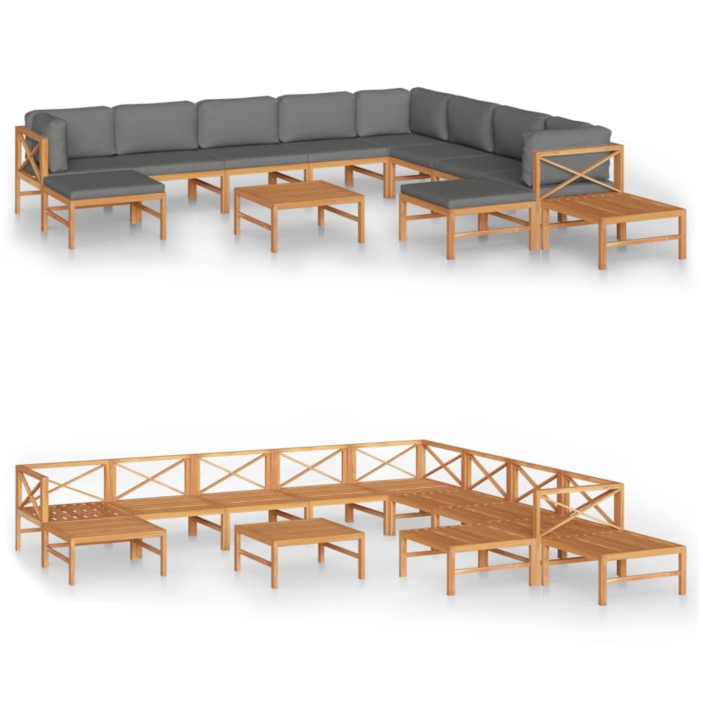 vidaXL 12-tlg. Garten-Lounge-Set mit Grauen Kissen Massivholz Teak