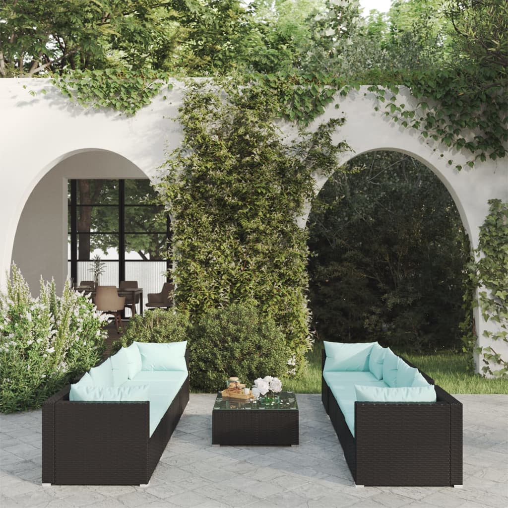 vidaXL 9-tlg. Garten-Lounge-Set mit Kissen Poly Rattan Schwarz