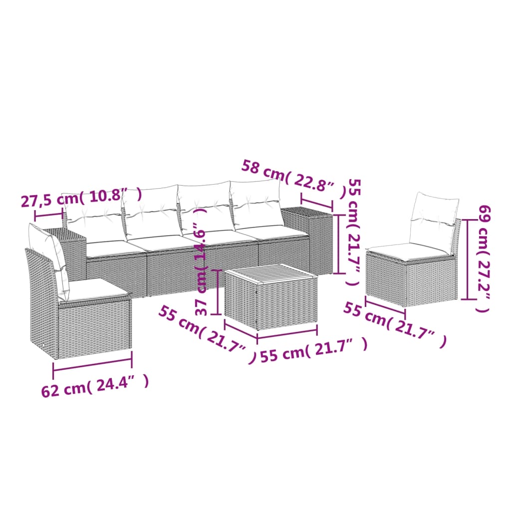 vidaXL 7-tlg. Garten-Sofagarnitur mit Kissen Beige Poly Rattan