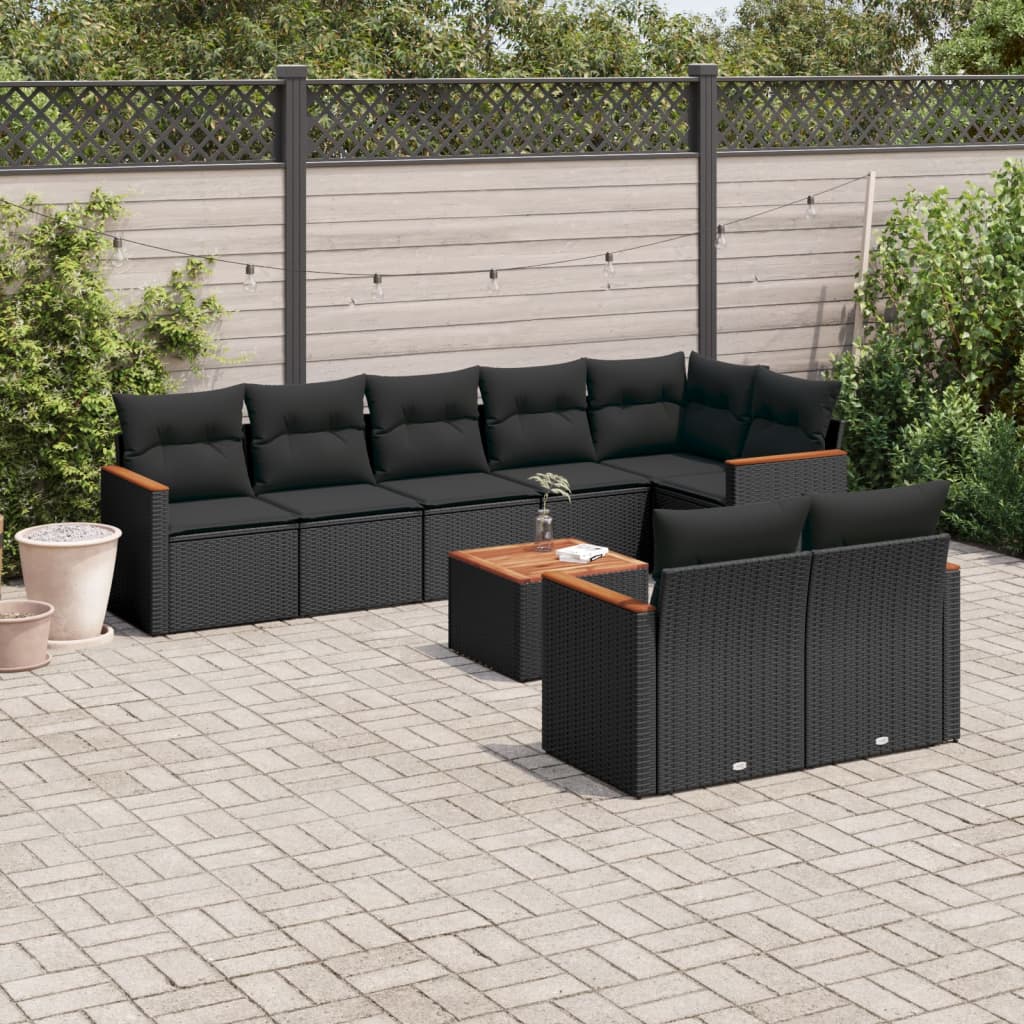 vidaXL 9-tlg. Garten-Sofagarnitur mit Kissen Schwarz Poly Rattan