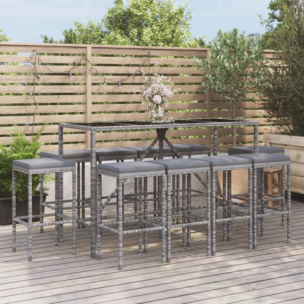 vidaXL 11-tlg. Gartenbar-Set mit Kissen Grau Poly Rattan