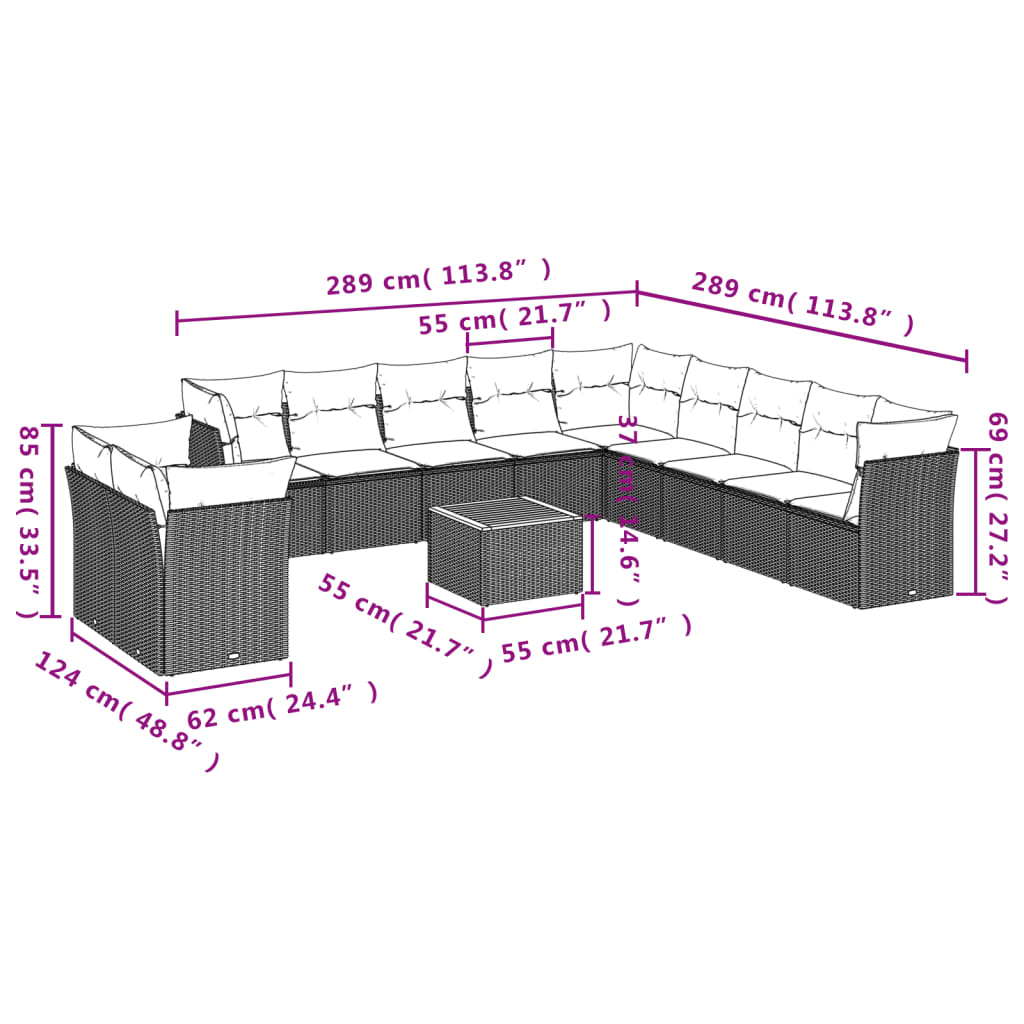 vidaXL 12-tlg. Garten-Sofagarnitur mit Kissen Grau Poly Rattan