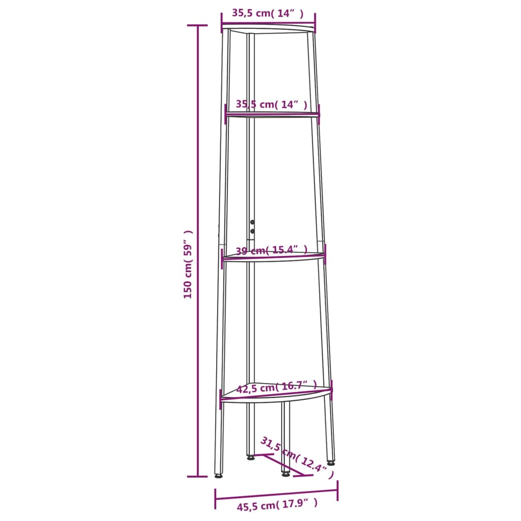 vidaXL Eckregal mit 4 Ablagen Schwarz 45,5x31,5x150 cm