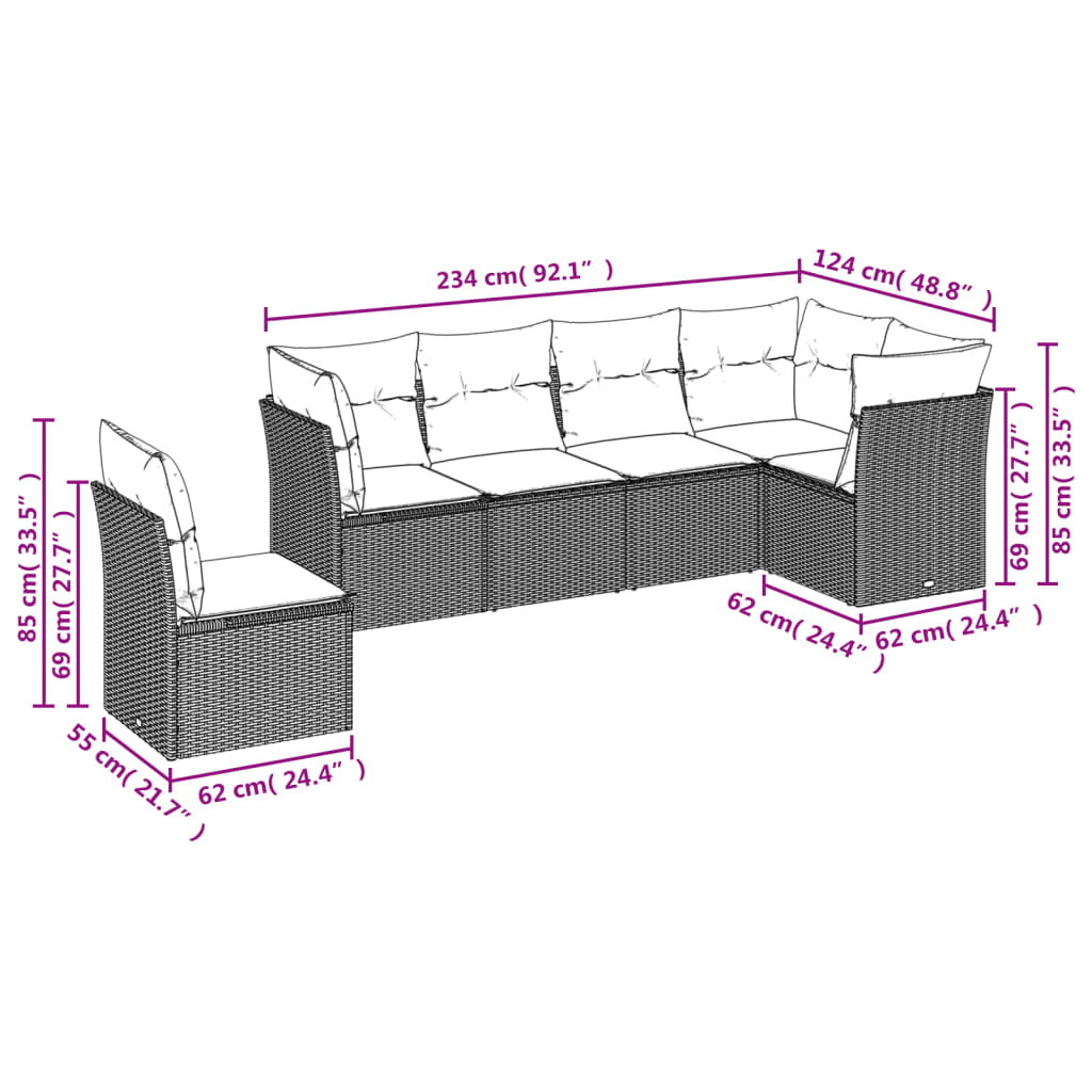 vidaXL 6-tlg. Garten-Sofagarnitur mit Kissen Grau Poly Rattan