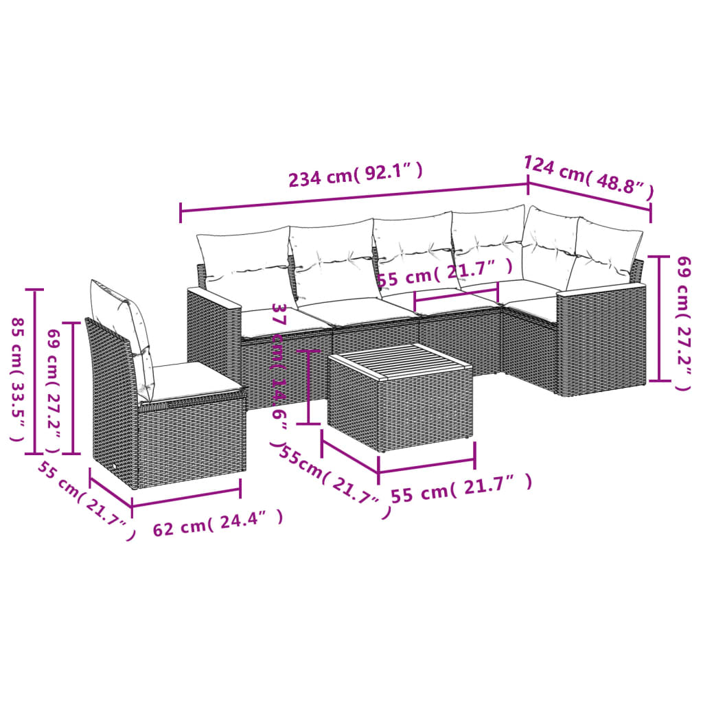 vidaXL 7-tlg. Garten-Sofagarnitur mit Kissen Grau Poly Rattan