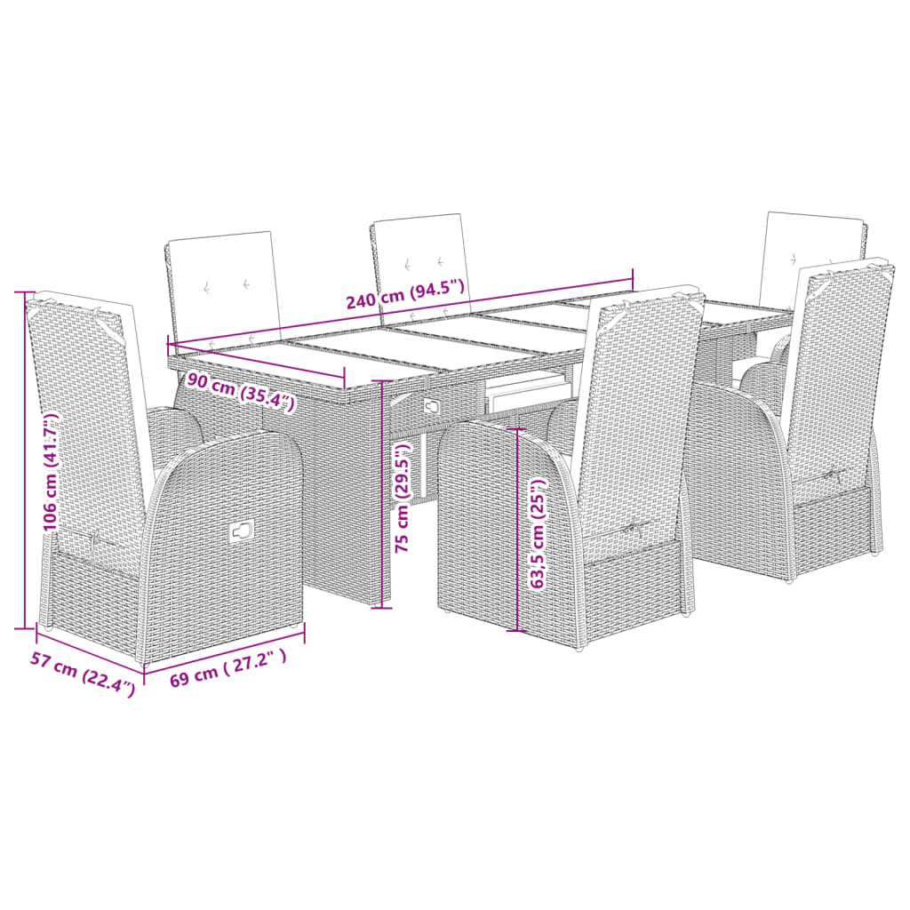 vidaXL 7-tlg. Garten-Essgruppe mit Kissen Grau Poly Rattan