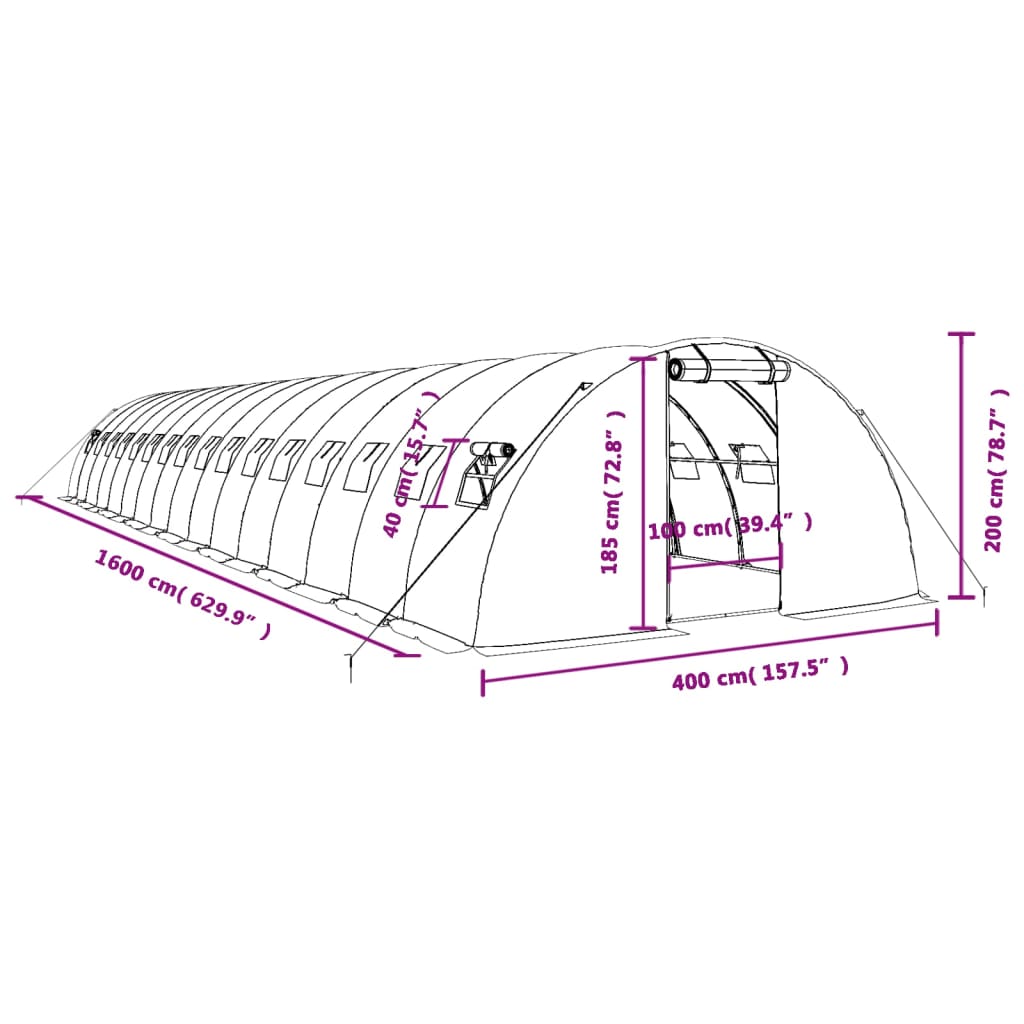 vidaXL Gewächshaus mit Stahlrahmen Grün 64 m² 16x4x2 m