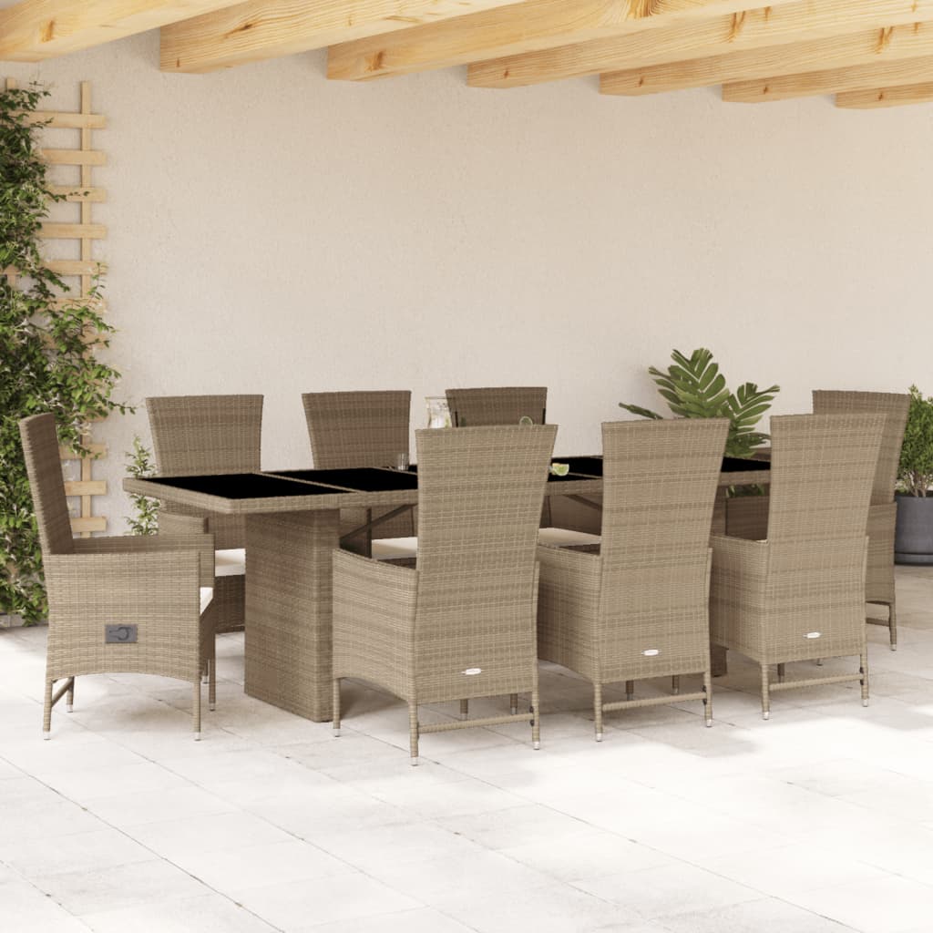 vidaXL 9-tlg. Garten-Essgruppe mit Kissen Beige Poly Rattan