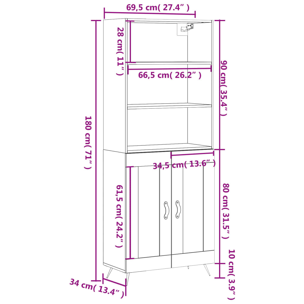 vidaXL Highboard Räuchereiche 69,5x34x180 cm Holzwerkstoff