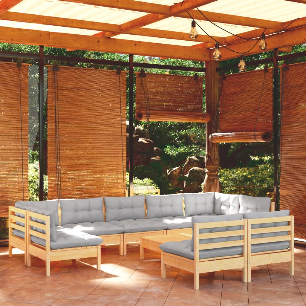 vidaXL 10-tlg. Garten-Lounge-Set mit Grauen Kissen Kiefer Massivholz