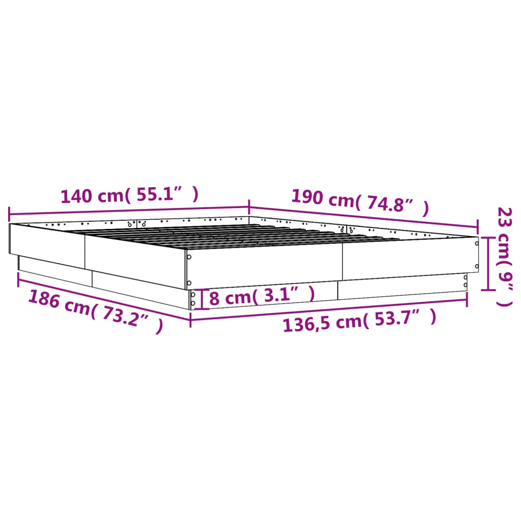 vidaXL Bettgestell mit LED Braun Eiche-Optik 140x190 cm