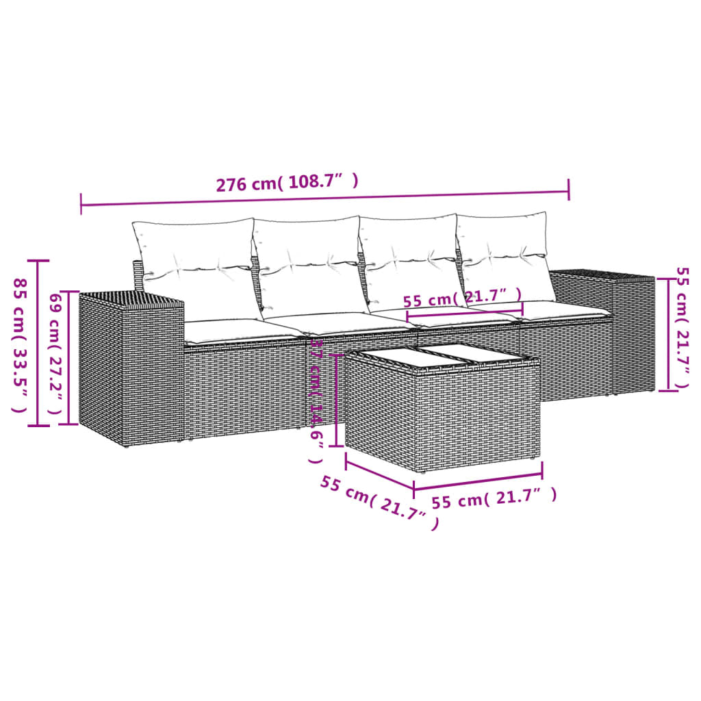 vidaXL 5-tlg. Garten-Sofagarnitur mit Kissen Grau Poly Rattan