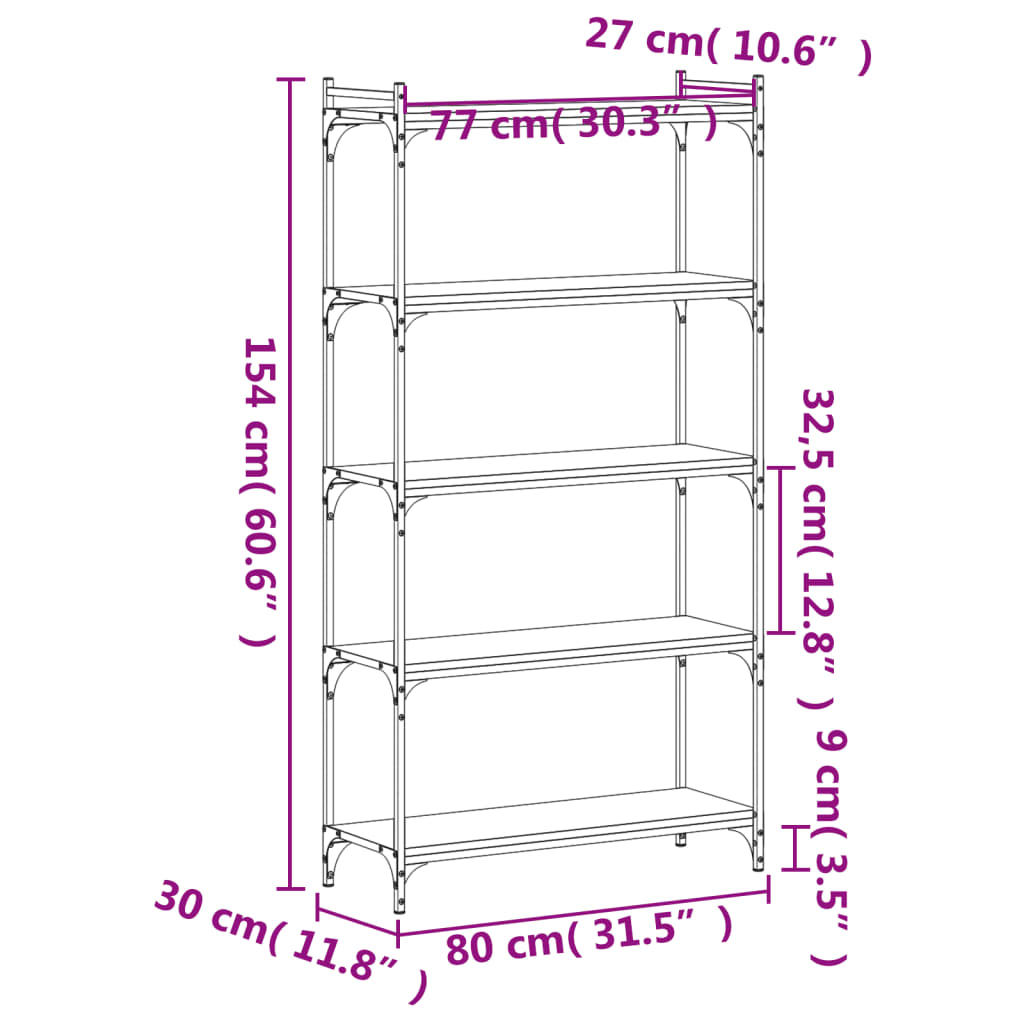 vidaXL Bücherregal 5 Böden Schwarz 80x30x154 cm Holzwerkstoff