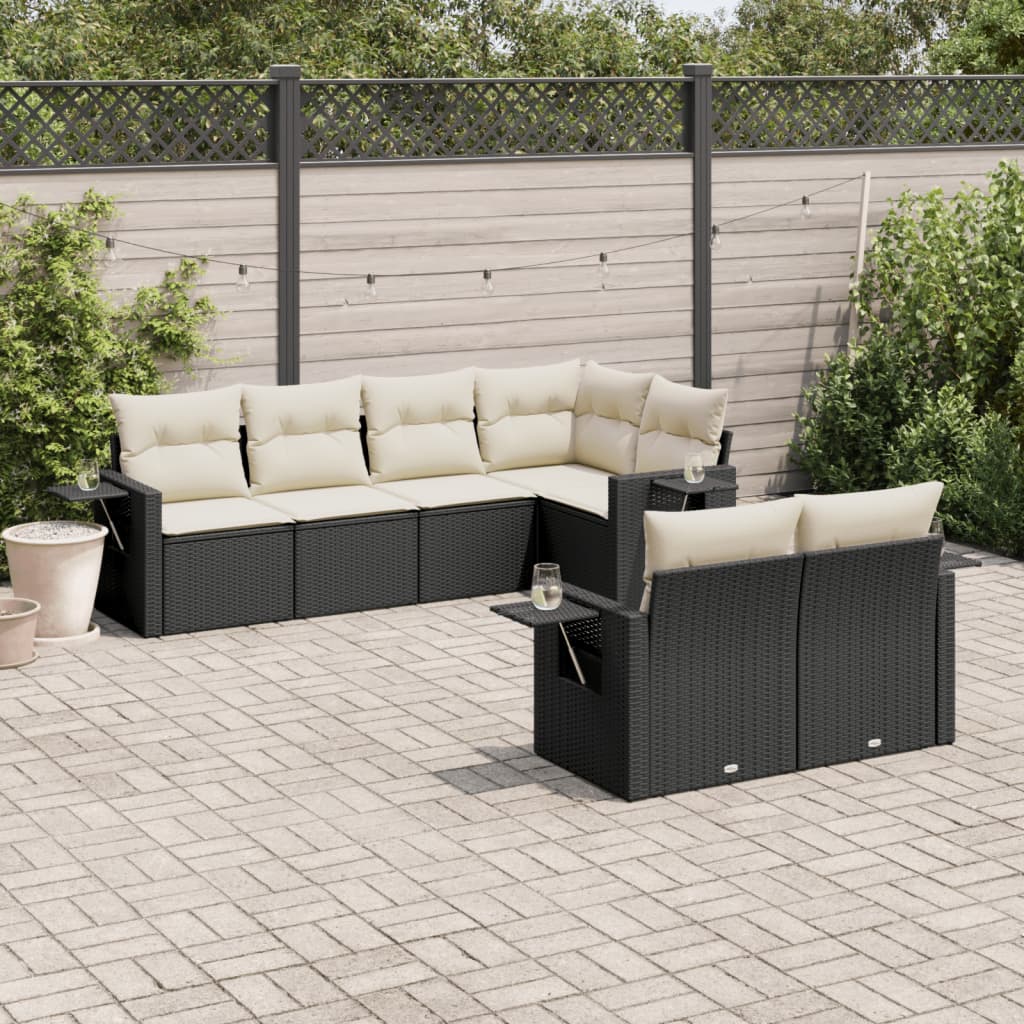 vidaXL 7-tlg. Garten-Sofagarnitur mit Kissen Schwarz Poly Rattan