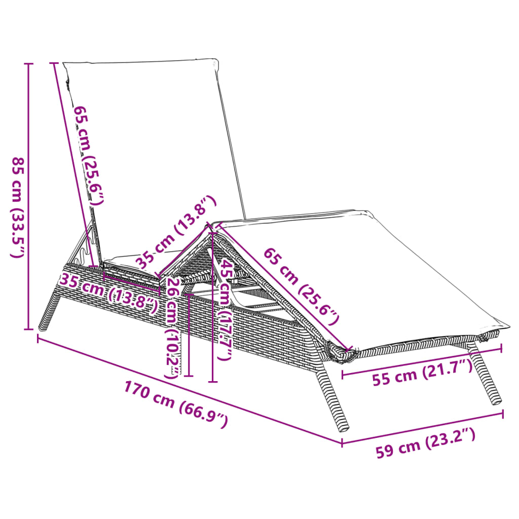 vidaXL Sonnenliegen mit Auflagen 2 Stk. Grau Poly Rattan