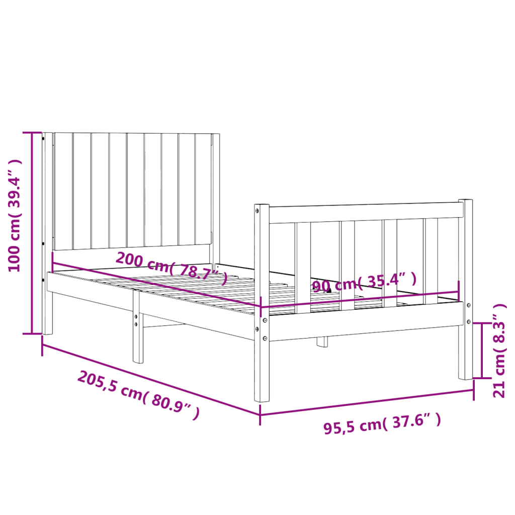 vidaXL Massivholzbett mit Kopfteil Weiß 90x200 cm