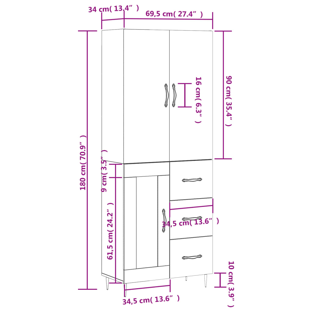 vidaXL Highboard Hochglanz-Weiß 69,5x34x180 cm Holzwerkstoff