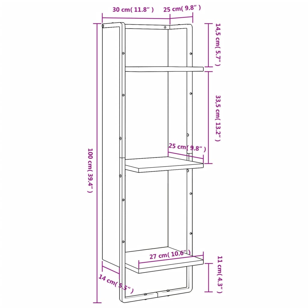 vidaXL Wandregal 3 Fächer Sonoma-Eiche 30x25x100 cm Holzwerkstoff